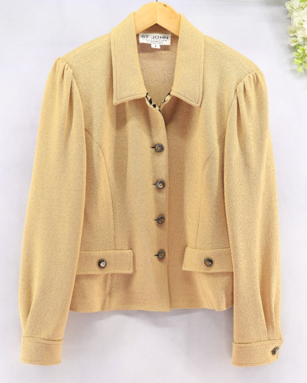 St. John Collection Yellow Santana Knit Blazer Jacket Contrast Animal Print